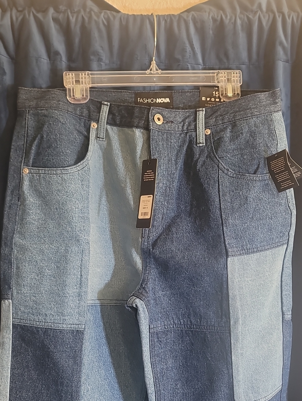 Fashion Nova Hey Girl Patchwork Straight Leg Jeans - Blue Wash